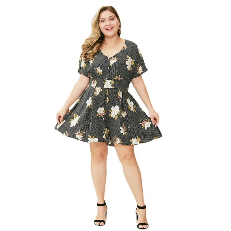 

WHZHM Summer Plus Size 3XL 4XL Elegant Flower Printed Playsuits Wome Short SleeveLoose Pants Floral Deep V-Neck Playsuits Ladies