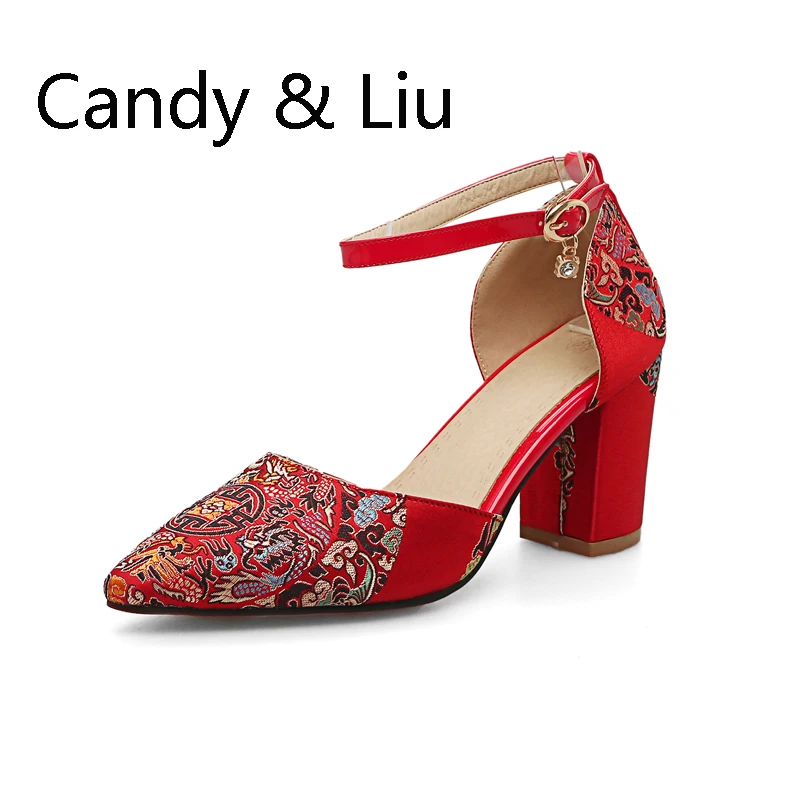 

2017 autumn new red wedding shoes women national style, Chinese style shoes, high heel sandals embroider
