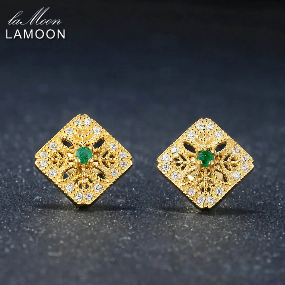 

LAMOON Stud Earrings Exquisite Hollow 0.06ct Square Natural Emerald 925 Fine sterling-silver-jewelry Yellow Embroidery Earring