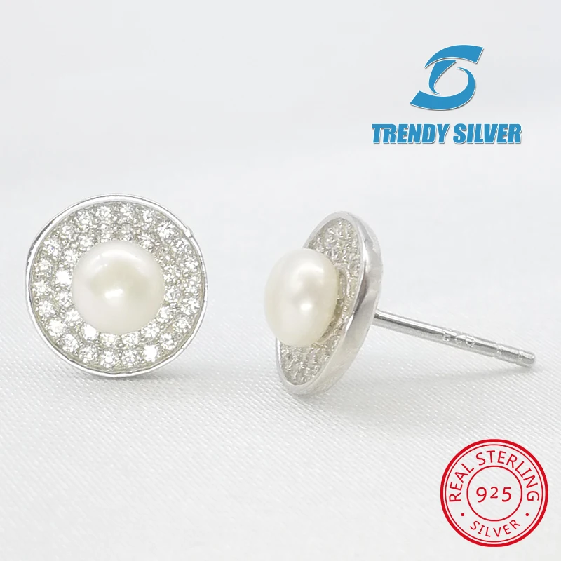 

fresh water natural pearl stub earrings with stones for woman 925 sterling silver jewelry free shipping Valentine's gift round