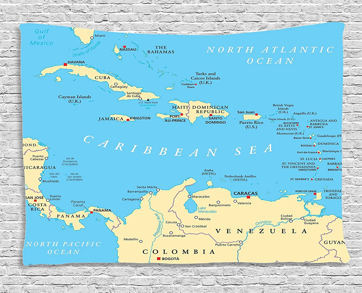 Wanderlust Decor Tapestry Caribbean Political Map Capitals National ...