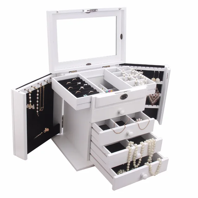 Rowling White Large Wooden Storage Bo With Locks Key Jewellery Rowling White Large Wooden Storage Bo With Locks Key Jewellery Rings Earring Bracelets Organizer 5 Layers