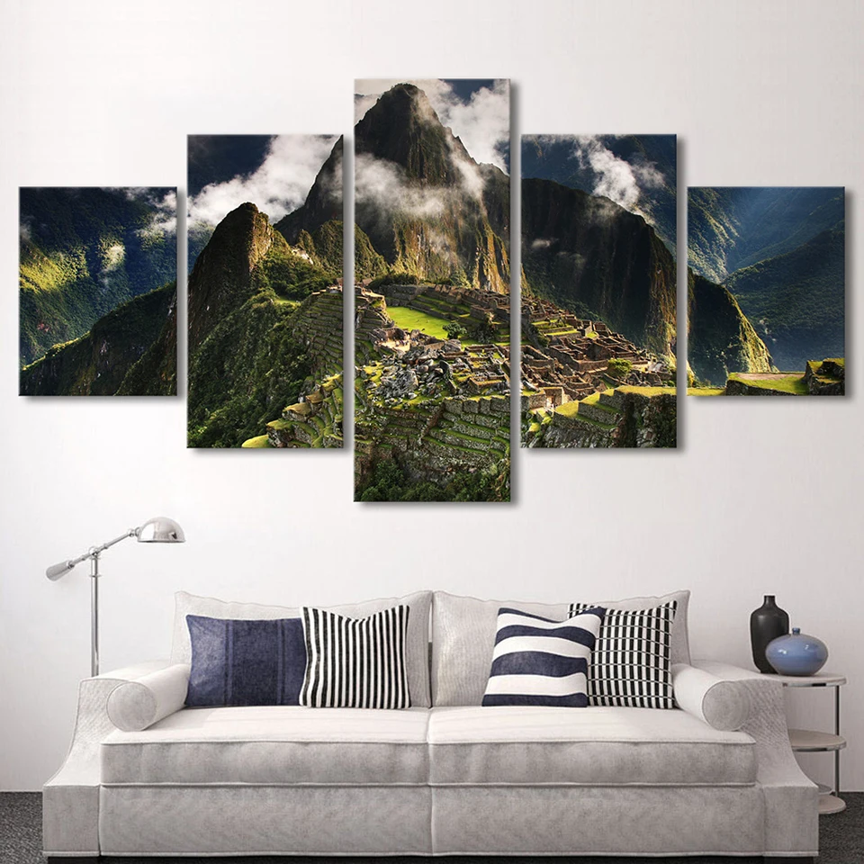 Домашние картины для украшения стены для гостиной пейзаж на холсте Живопись 5 Панель Мачу Пикчу Перу горы и облака холмы