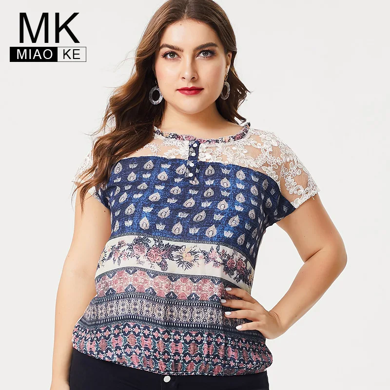 

MK 2019 Summer Ladies Plus Size Print Chiffon tops and blouses fashion womens Vintage elegant oversized female shirts