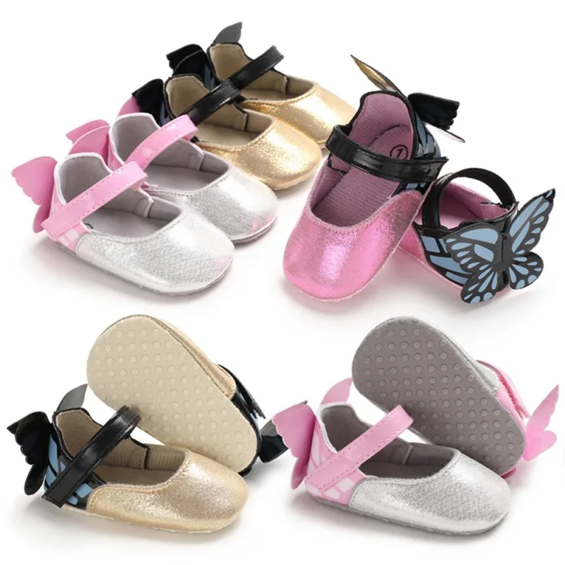 Baby Girls Princess Shoes Infant Toddler Crib Bebe Kids First Walkers Mary Jane Butterfly Soft Soled Anti-Slip Dress Shoe