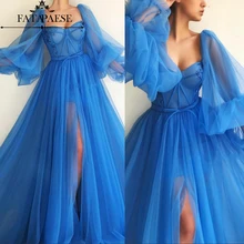 Халат de soiree Дубай синие тюлевые Вечерние платья Длинные Саудовская арабское, с длинными рукавами сексуальный разрез Вечернее платье выпускного вечера вечерние платья