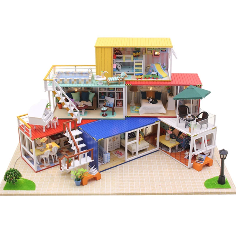 

DollHouse Container Home Miniature With Furnitures Wooden DIY Doll House Handmade Building Model Toy YOUR NAME Suit 13843 #E