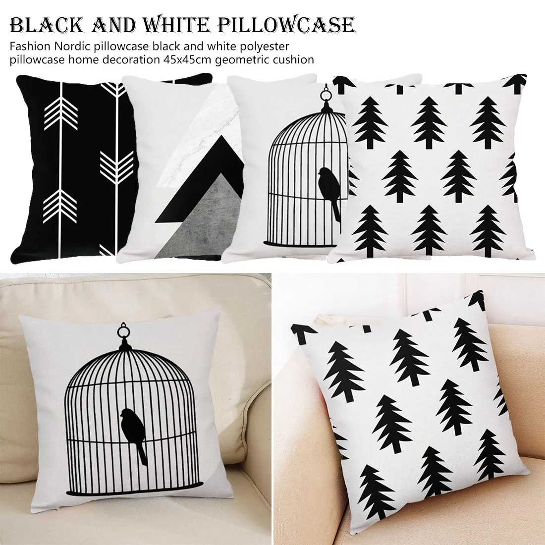 

Geometric Style Cushion Cover Plain Dot Wave Printed Pillow Cover Black White Decorative Cushion Cover For Sofa Car