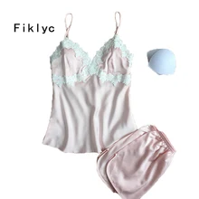Fiklyc/брендовые летние кружевные атласные пижамы без рукавов для молодых девушек, модные роскошные комплекты нижнего белья из двух предметов с подтяжками из искусственного шелка