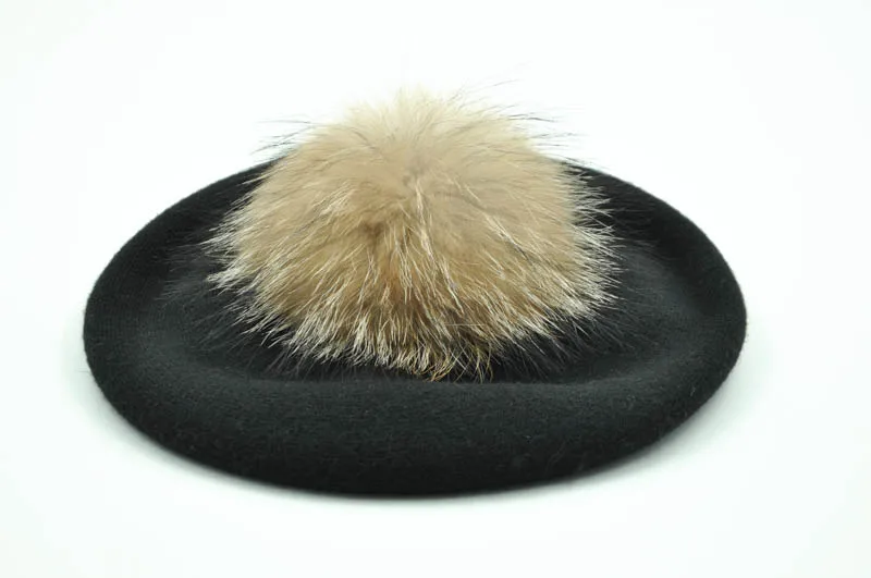 Зимний женский берет, женская шапка, 15 см, натуральный мех енота, помпон, берет, шерсть, кашемир, натуральный мех, шарик, женский берет, шапка для женщин - Color: black natural fur