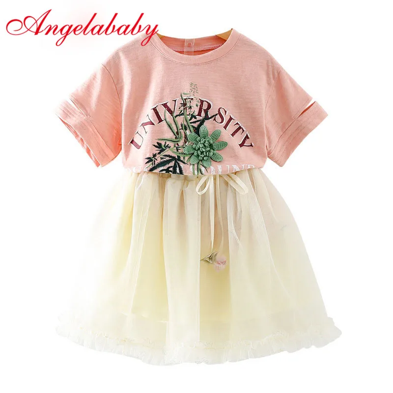 

2019 New Summer Girls Fashion Clothing Sets Children's Pattern Short Sleeved T-shirt +Chiffon Skirt 2 pcs suit Kids Clothes