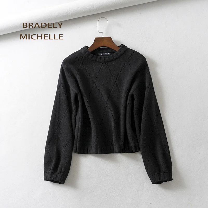 BRADELY Michel, Осень-зима, теплые вязаные свитера для женщин,, Круглый ворот, длинный рукав, вязаная верхняя одежда, топы, женские пуловеры - Цвет: Черный