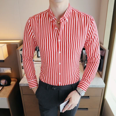 Деловые рубашки, новинка, модная брендовая мужская одежда с длинным рукавом, рабочая рубашка в полоску, приталенная рубашка, большие размеры, M-5XL, Повседневная рубашка - Цвет: Красный