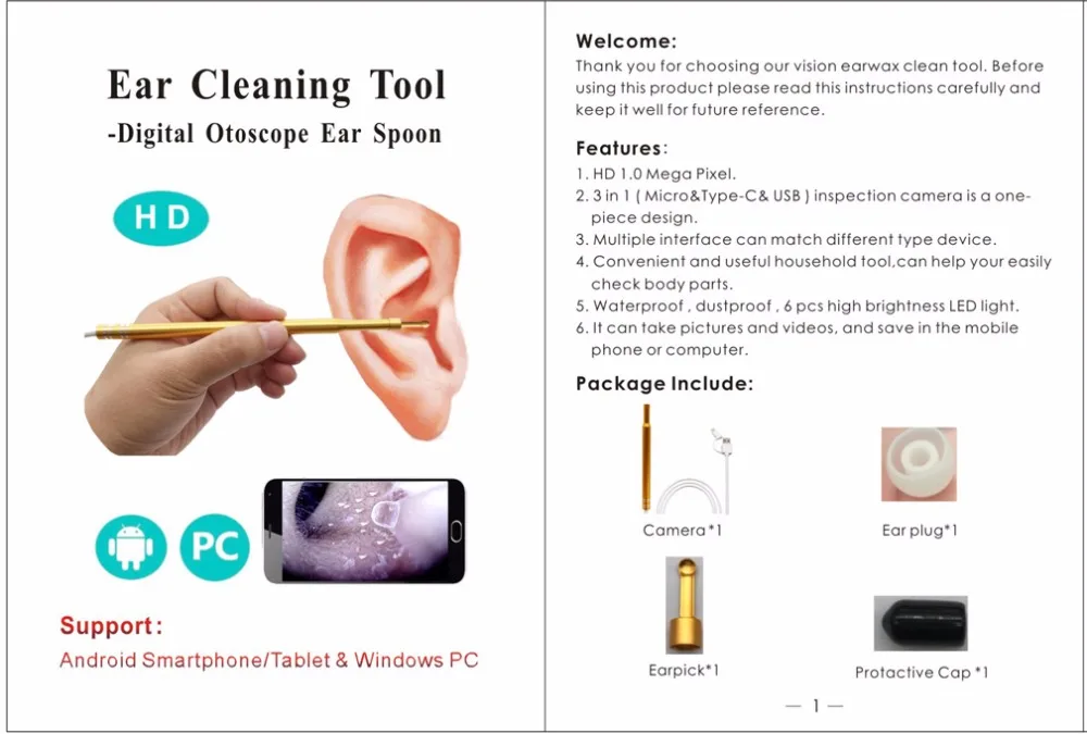 3 в 1 USB Ear Cleaning Endoscope Multifunctional USB Earpick с мини-камерой ручка визуальная Ear Cleaning Tool Android камера 720P