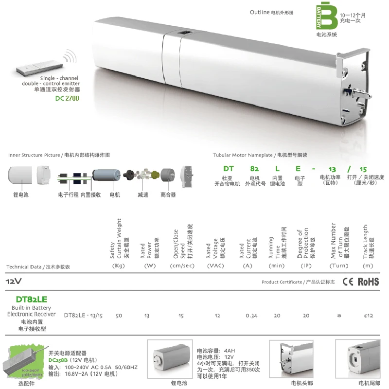 

Free Shipping Silent Motorized curtain track, battery motor used, Dooya SUNFLOWER motor KT82LE