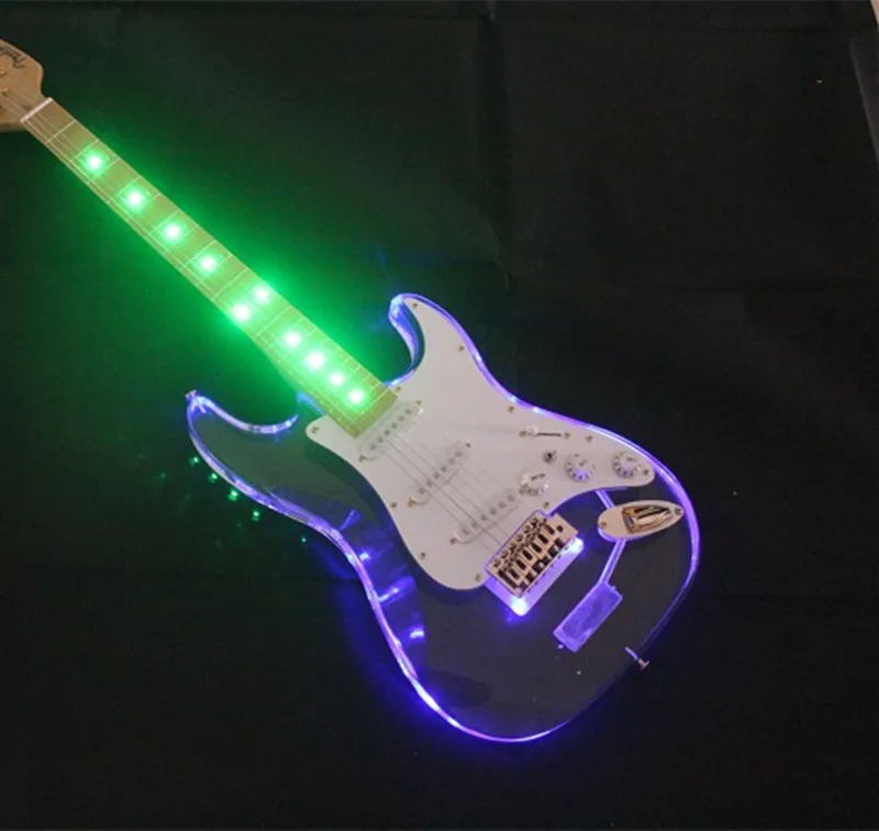 

Blue Acrylic Glass Electric Guitar with Colorful Lights,3S Pickups,Maple Fretboard,Chrome Hardwares,offering customized services