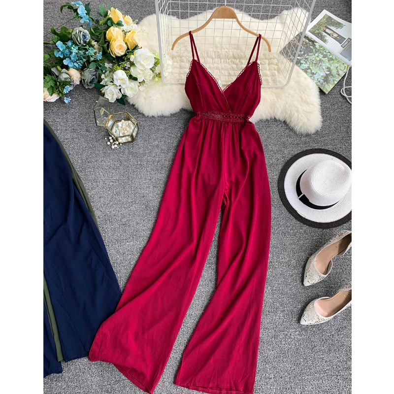 

Holiday Retro Pure Color Sexy V Collar Open Back Butterfly Knot High Waist Long Broad Beach Jumpsuit Women Overalls G601