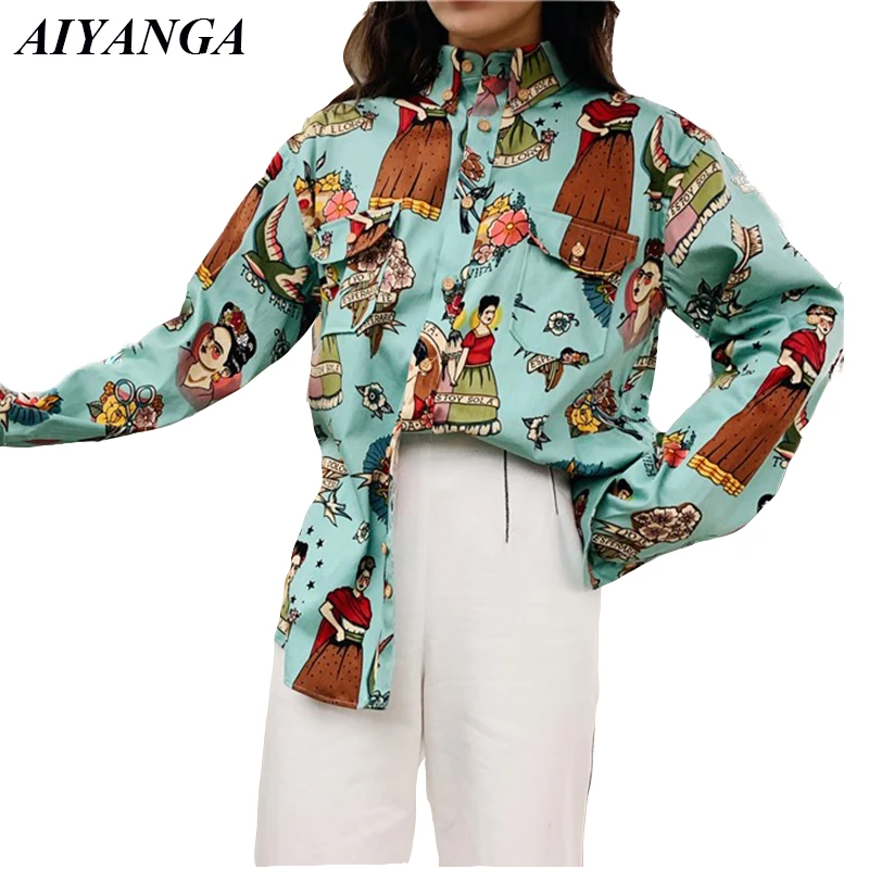 

New Women's Blouses Vintage Shirts 2019 Spring Womens Tops and Blouse Cartoon Print Single-breasted Beach Outerwear Female