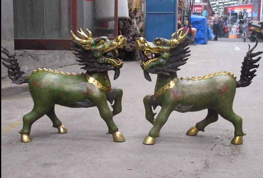 

China Royal 100% Pure Bronze cloisonne Door Foo Dog Lion kylin kirin Pixiu Pair Statue Statue