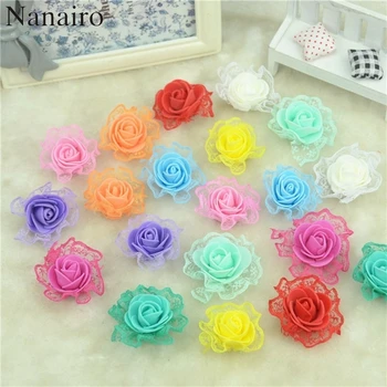 

120pcs Mini PE Foam with Lace Rose Artificial Flowers Heads For Wedding Car Decoration DIY Pompom Wreath Decorative Fake Flowers