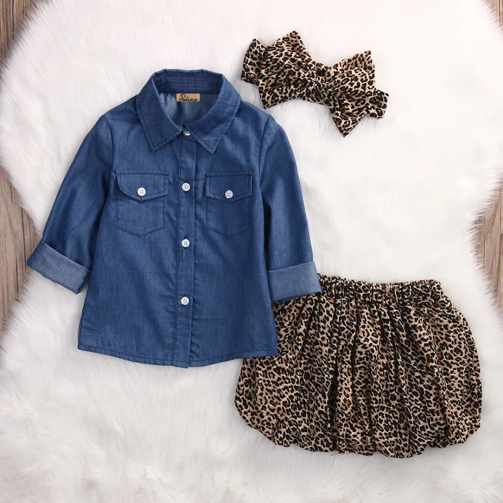 

2017 Fashion Toddler Baby Kids Girls Dress Denim T-shirt And Leopard skirt Clothes 3PCs