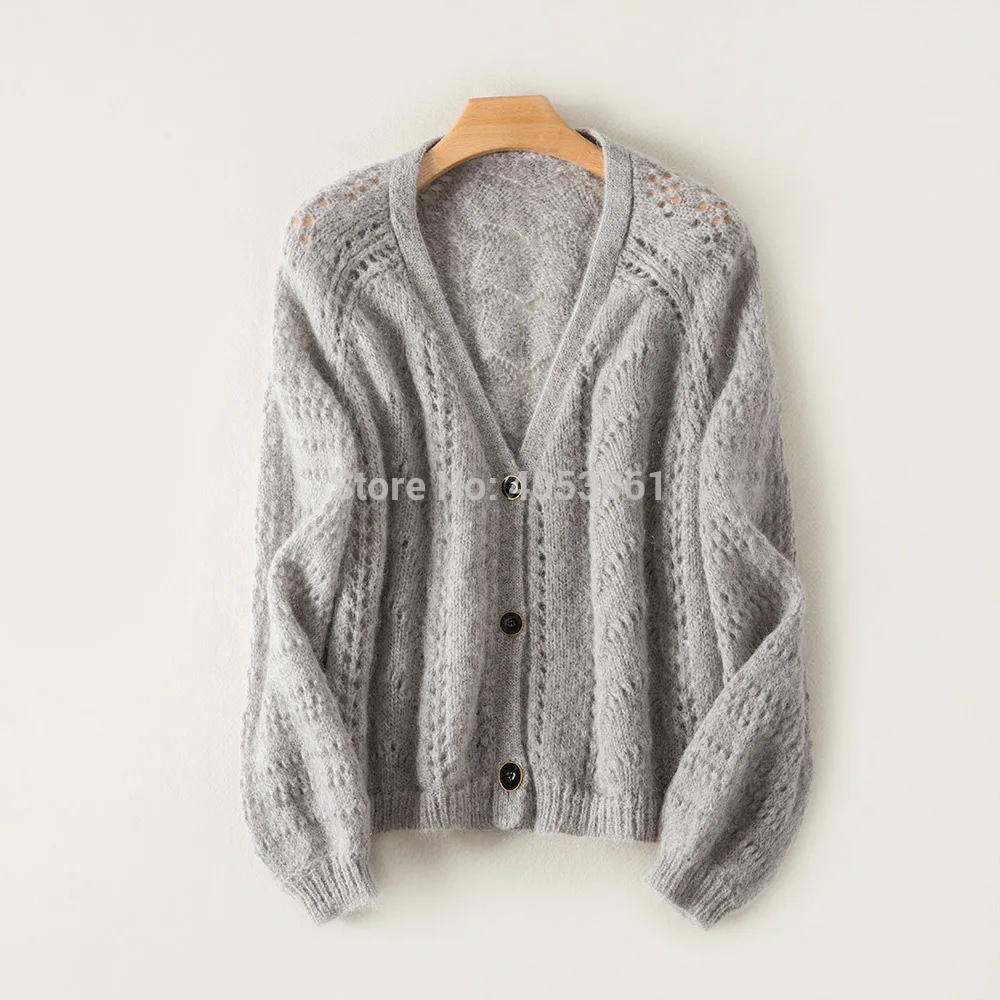 Latest Mohair& Wool Blend Jumper V Neck Hollow Out Button Front Knit Sweater- Female Camel Color Knitting Cardigan Top