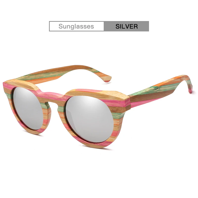 Круглые деревянные бамбуковые солнцезащитные очки поляризованные линзы радужные солнцезащитные очки UV400 с чехлом - Цвет линз: Silver lens withcase