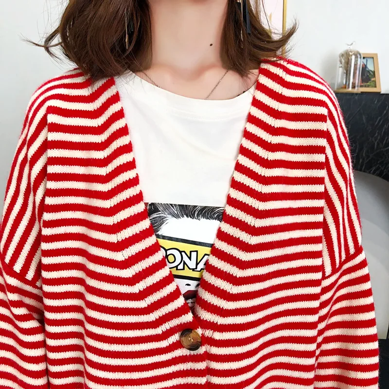 

Red Black Cross Striped Oversized Cardigan Sweater Woman Loose Knitwear Stylish Streetwear Autumn Knitted Cardigans Sweaters