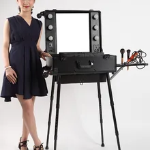 Черный/розовый Косметический Чехол для визажиста Rolling Studio с зеркалом для ног, светильник