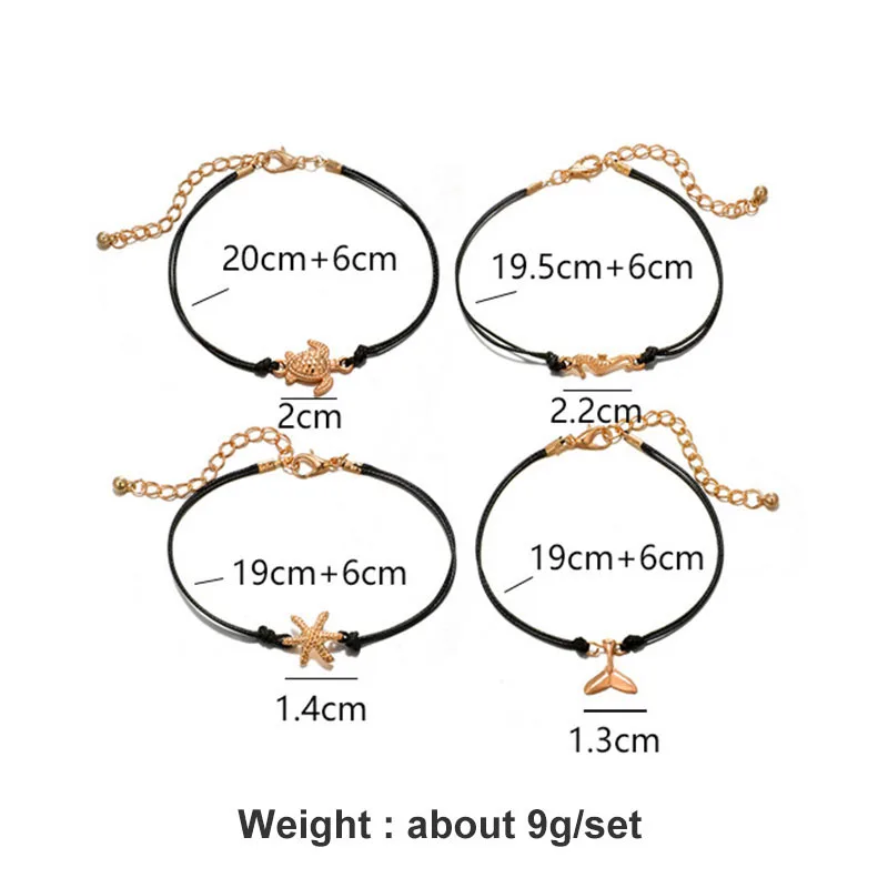 4 шт./компл. Sea Shell Морская звезда черепаха Шарм браслет набор для Для женщин ювелирные изделия черного бисера Rope Chain пляжные браслеты ювелирные изделия в богемном стиле