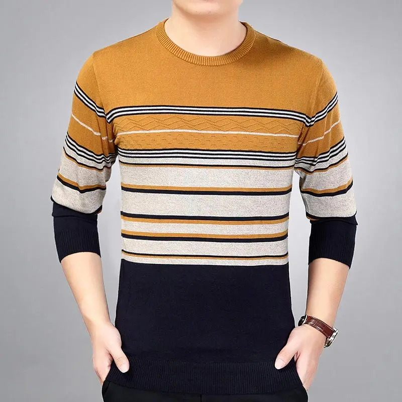 Брендовый тонкий мужской пуловер из хлопка, повседневный вязаный полосатый вязаный свитер, Мужская трикотажная одежда 5066 - Цвет: 3129Yellow
