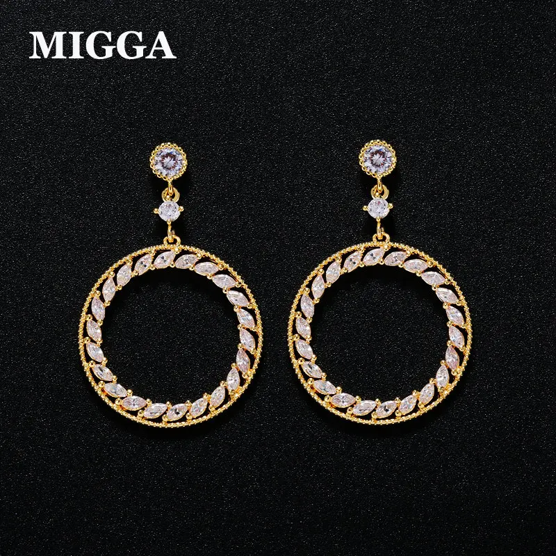 

MIGGA Exquisite AAA Marquise Shape Cubic Zirconia Circle Round Earrings for Women Gold Color Stud Earrings