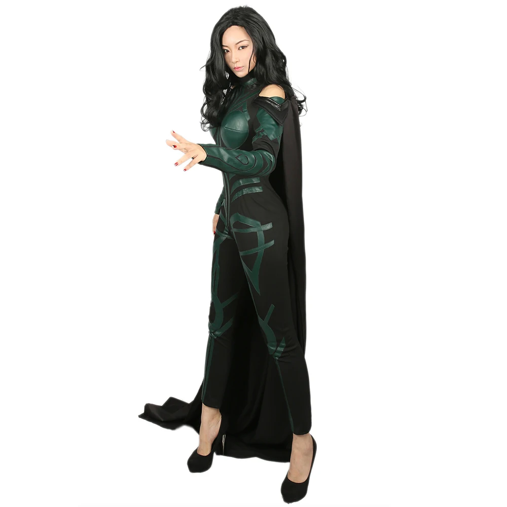 XCOSER Lady Hela костюмы, одежда для косплея, маскарадный костюм, нарядное платье, костюм на Хэллоуин, зеленый комбинезон с накидкой для женщин