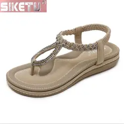 Новые летние женские сандалии в богемном стиле со стразами, удобная обувь на плоской подошве, пляжная обувь