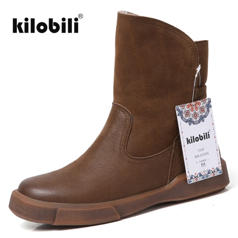 Kilobili/2018 г. Зимние женские Ботинки Ботильоны из натуральной кожи на резиновой