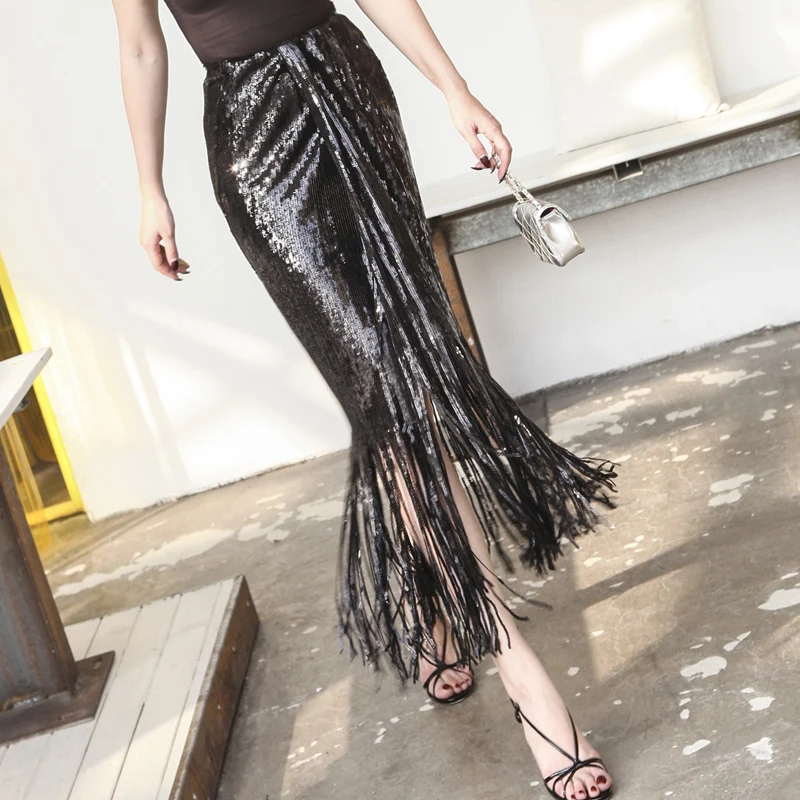 

2019 Summer Stylish Dazzle Black Pencil Skirt Slim Designed Tassels Slim High Rise Stretch Waist Party Skirt