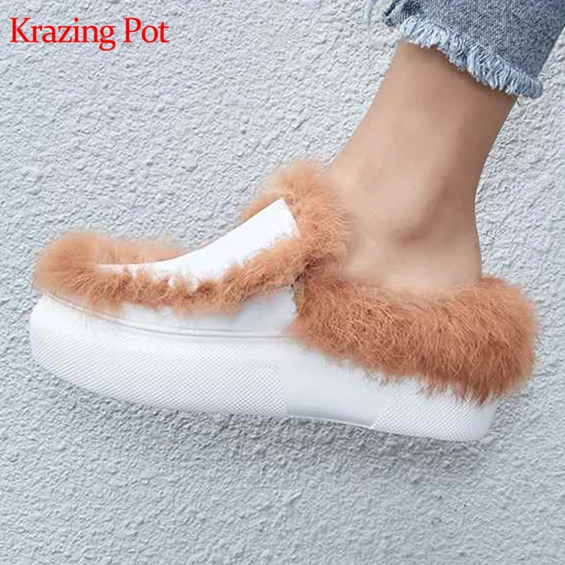 

Krazing Pot genuine leather rabbit fur increased platform Winter leisure lazy style round toe slip on vulcanized slippers L25