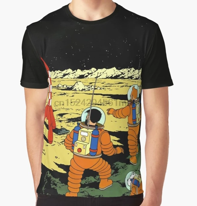 Футболка со всем принтом, Мужская забавная футболка, Tintin rocket, футболка с Луной, короткий рукав, круглый вырез, Графический Топ, футболка, wo, Мужская футболка