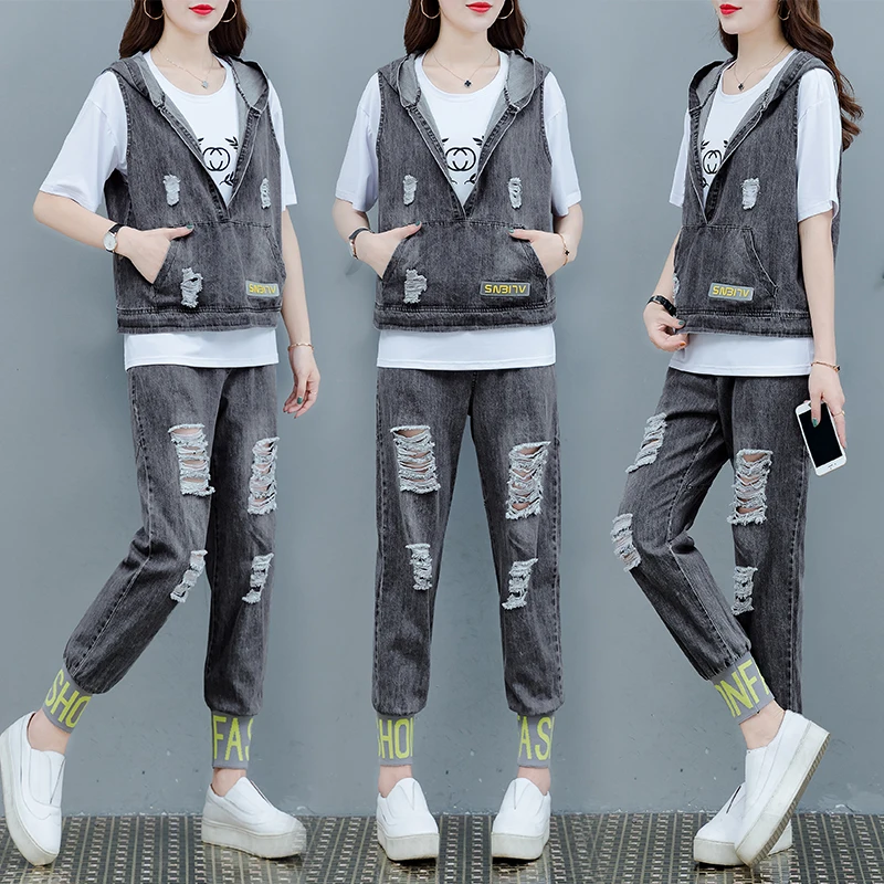 

2019 summer women's fashion Denim vest hoodie + white T-shirt + hole jeans suits female vintage three-piece sets