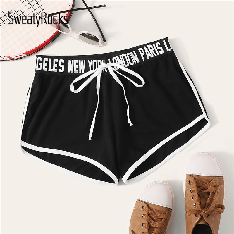 

SweatyRocks Black Knot Letter Tape Waist Dolphin Shorts Streetwear Casual Athleisure Shorts 2019 Straight Leg Women Shorts