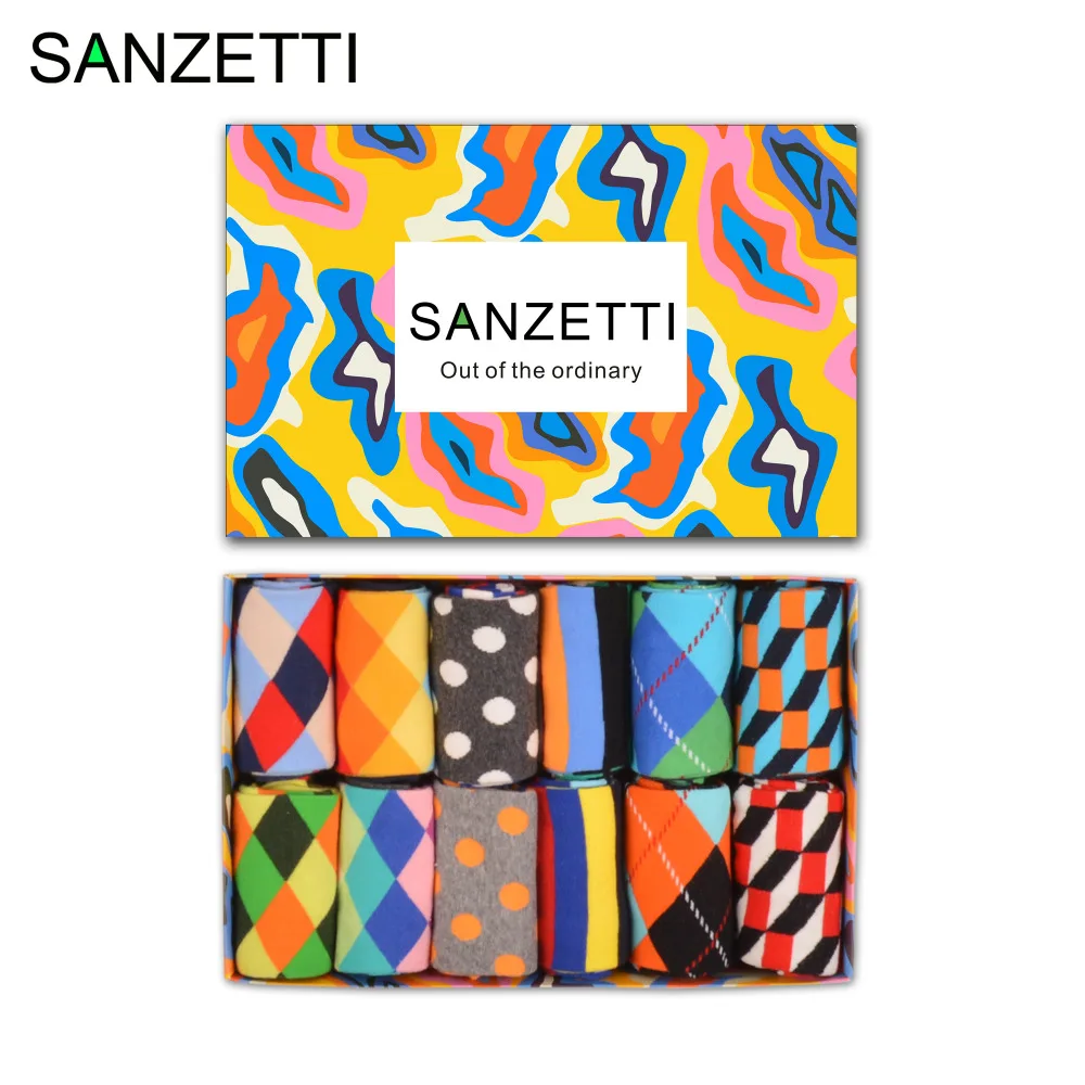 

SANZETTI 12 pairs/lot Gift Box Causal Funny Socks Dots Stripe Pattern Classic Men's Cotton Colorful Colorful Skateboard Socks