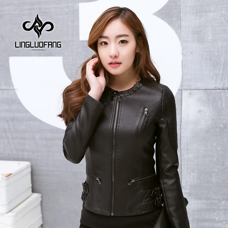 black Brand leather jacket women spring and autumn round neck Slim pu leather motorcycle leather 
