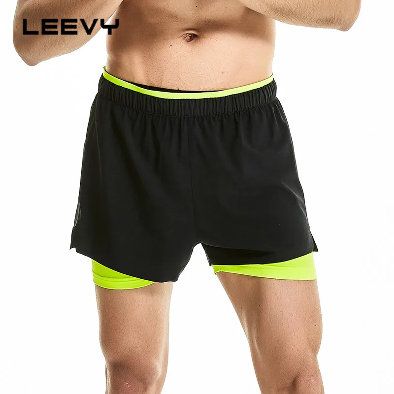 Leevy Men Running Shorts Double Layer Sports GYM Professional Fitness Outdoor Jogging Shorts Quick Drying Black Shorts Mens