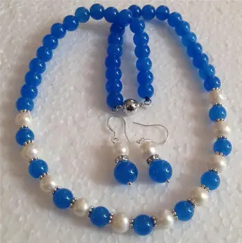 

White Akoya Cultured Pearl/Blue Jade Round Beads necklace earrings Set