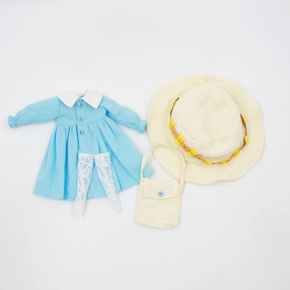 Blyth кукла синее простое платье с кружевными носками, шляпа и сумка Одежда для досуга - Цвет: like the picture