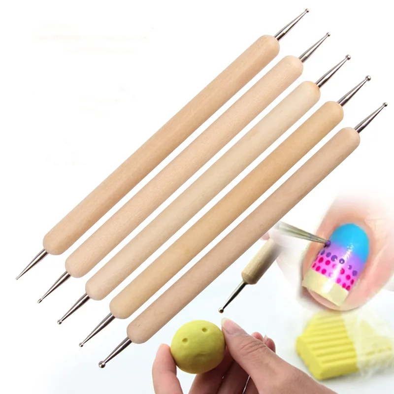 

5 x 2 Way Wooden Dotting Pen Double Ended Tools ballpoint kit Marbleizing nail art dot Manicure Tools Kit Nail Dotting Tools