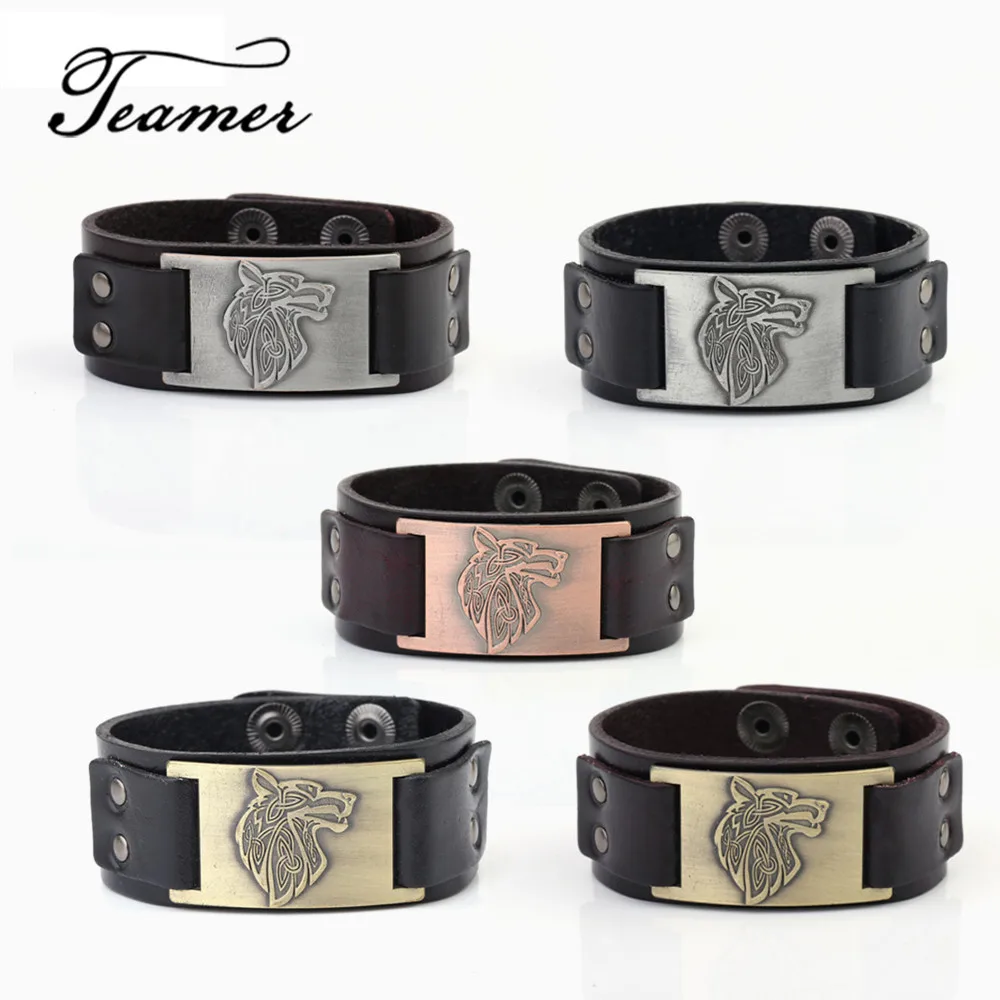 

Teamer New Arrival Teen Wolf Leather Bracelets Slavic Charm Wristband Vintage Adjustable Studded Clasp Cuff Wicca Jewelry