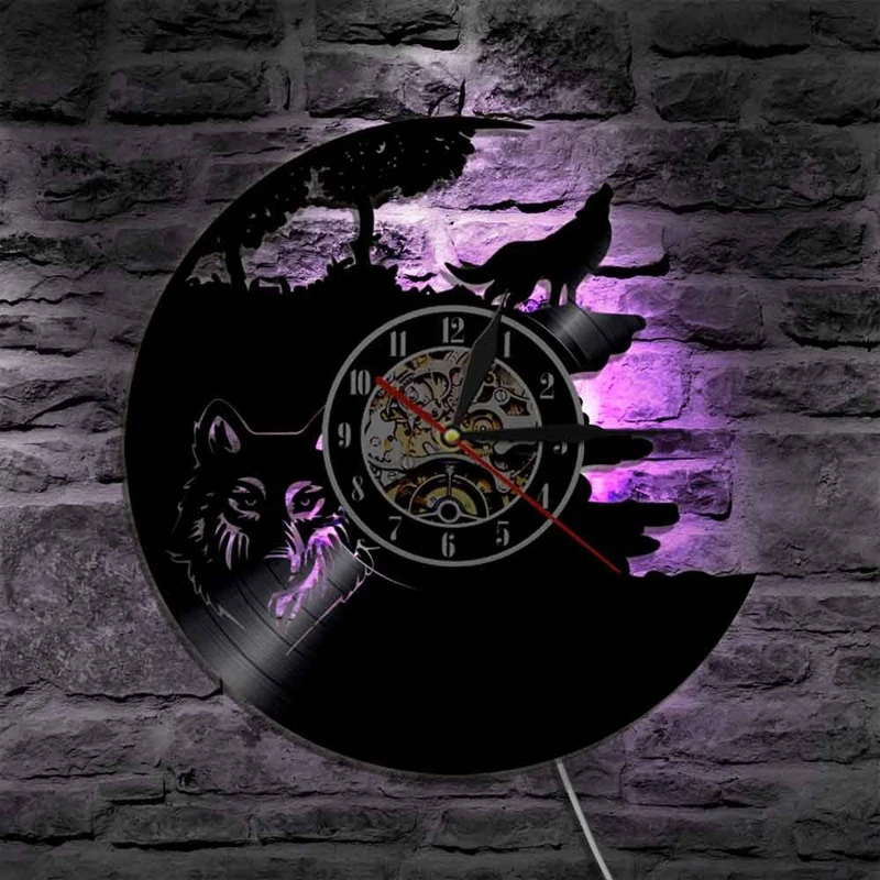 Волчья модель Виниловая пластинка настенные часы современный виниловый часы с 7 изменением цвета уникальные 3D украшения светодиодный домашние декоративные часы