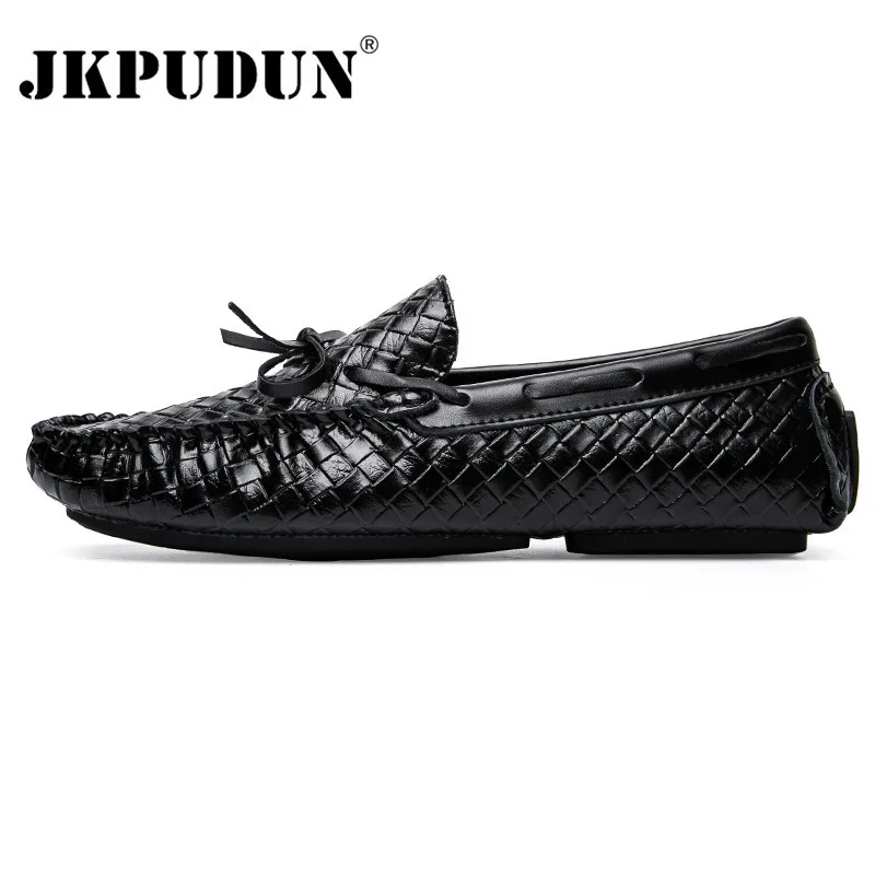JKPUDUN/мужские лоферы из натуральной кожи; модные мужские мокасины; воздухопроницаемая обувь для водителей; Дизайнерские повседневные туфли; мужские туфли на плоской подошве высокого качества - Цвет: lace up black