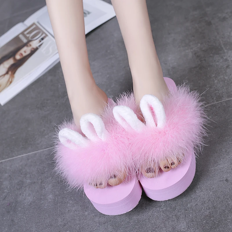 large size outside wedges rabbit ear slippers women summer sweet fur flip flops solid creepers platform ladies slides chaussures